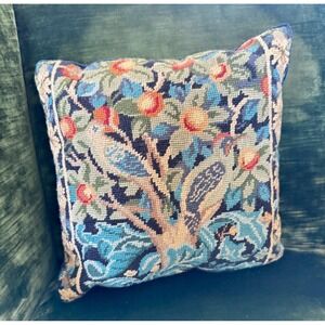 Vintage Needlepoint Pillow Birds Tree of Life William Morris Style Cottage Decor